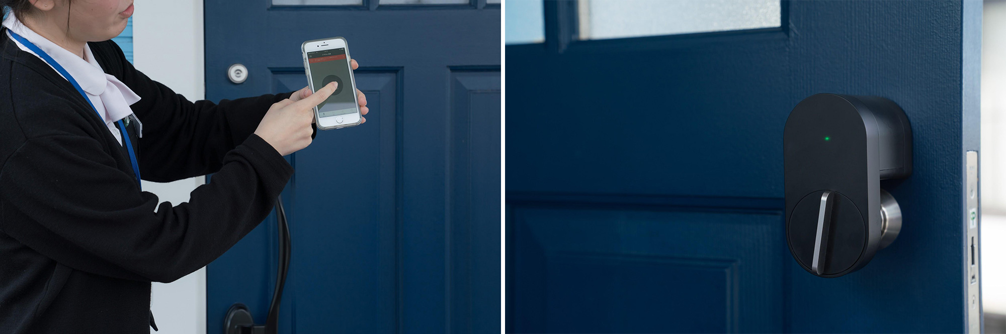 写真）スマートロックはアプリで操作（左）、ドアの内側に付いているスマートロック本体（右）