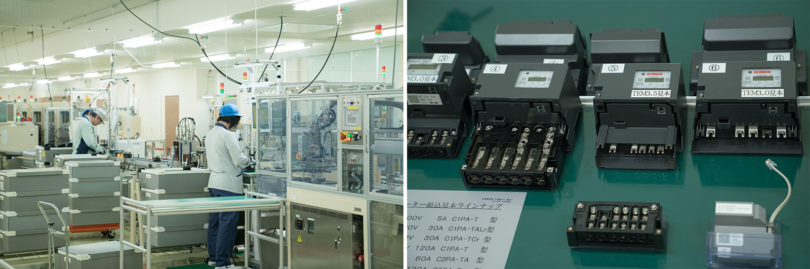 写真）スマートメーターの製造ライン（左）、各種スマートメーター（右）