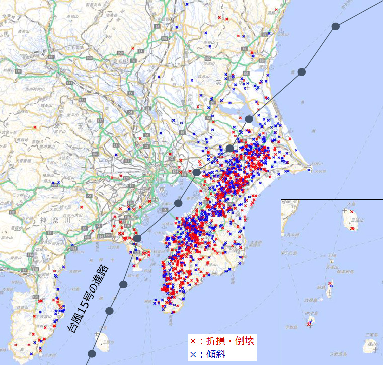 図）「電柱の被害発生状況（提供）東京電力パワーグリッド株式会社」
