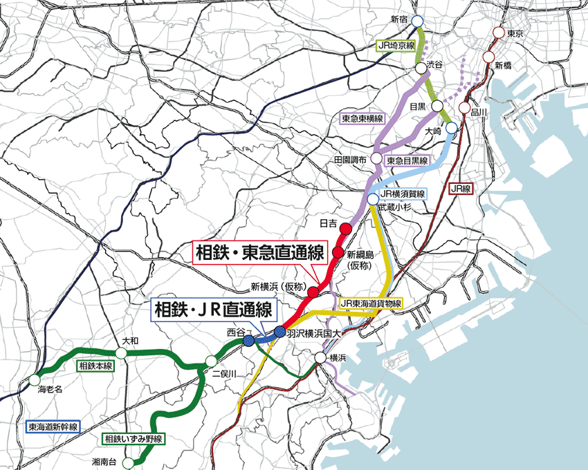 図）神奈川東部方面線（相鉄・JR直通線/相鉄・東急直通線）路線図