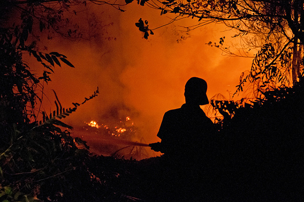 写真8：カリマンタン島パランカラヤの森林火災 深夜の消火活動（2015年10月）