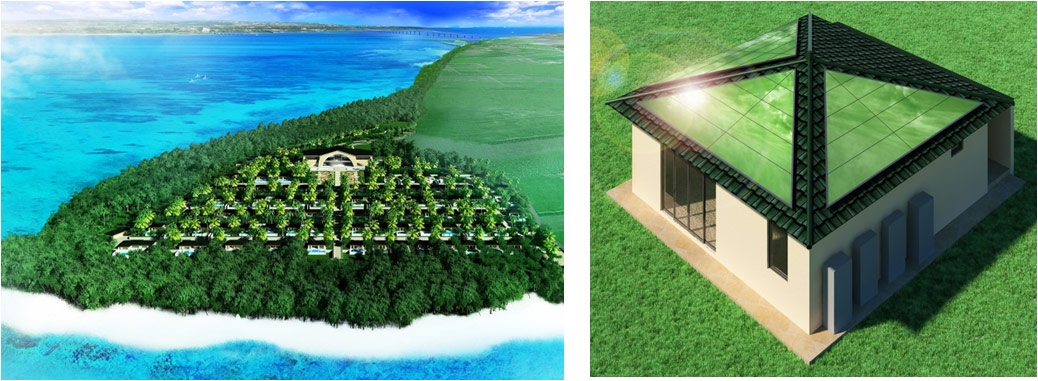 図）左：沖縄県宮古島市に建設中の大規模リゾート計画地／右：IGパーフェクトエコハウス研究棟の完成イメ－ジ
