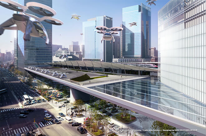図）都市で移動する「空飛ぶクルマ」の予想図
