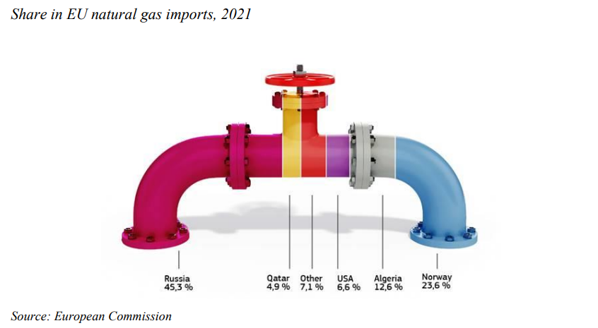 図）EUにおける天然ガス輸入の割合　2021年