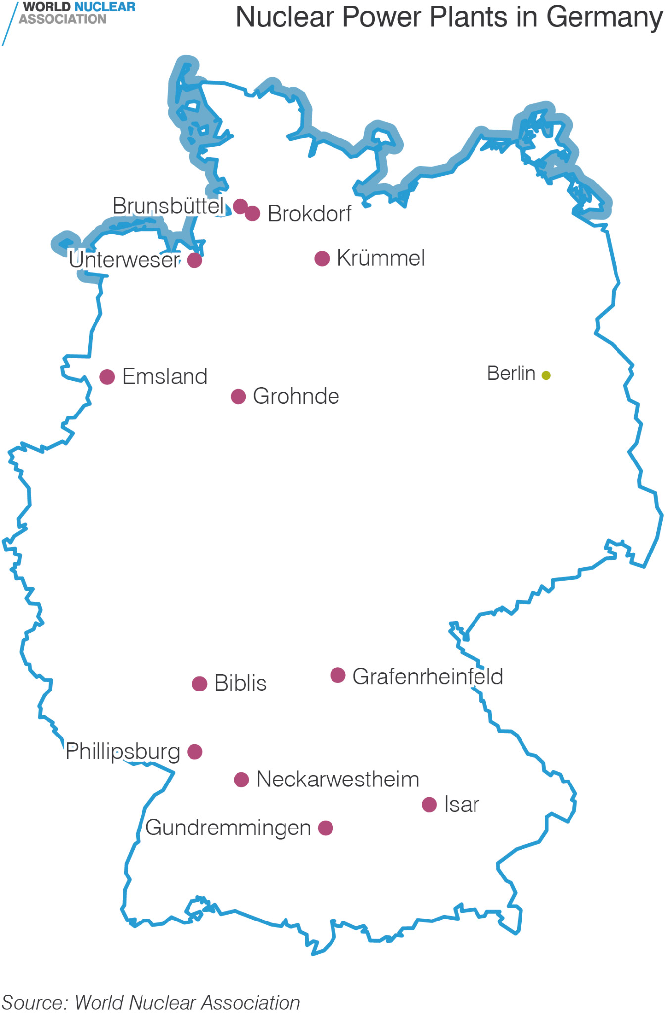 図右下	Isar（イーザル）原子力発電所 その北西	Neckarwestheim（ネッカーベストハイム）原子力発電所 北西の国境近く	Emsland（エムスランド）原子力発電