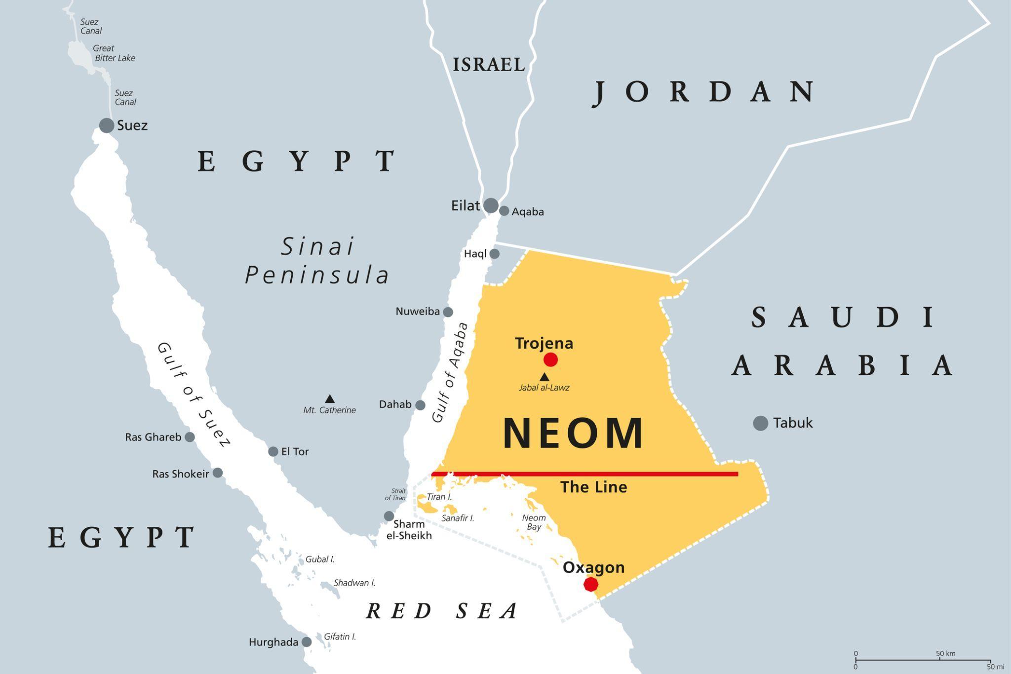 図）NEOMの地図　サウジアラビア北西部、ヨルダンの南、シナイ半島の対岸に位置する。