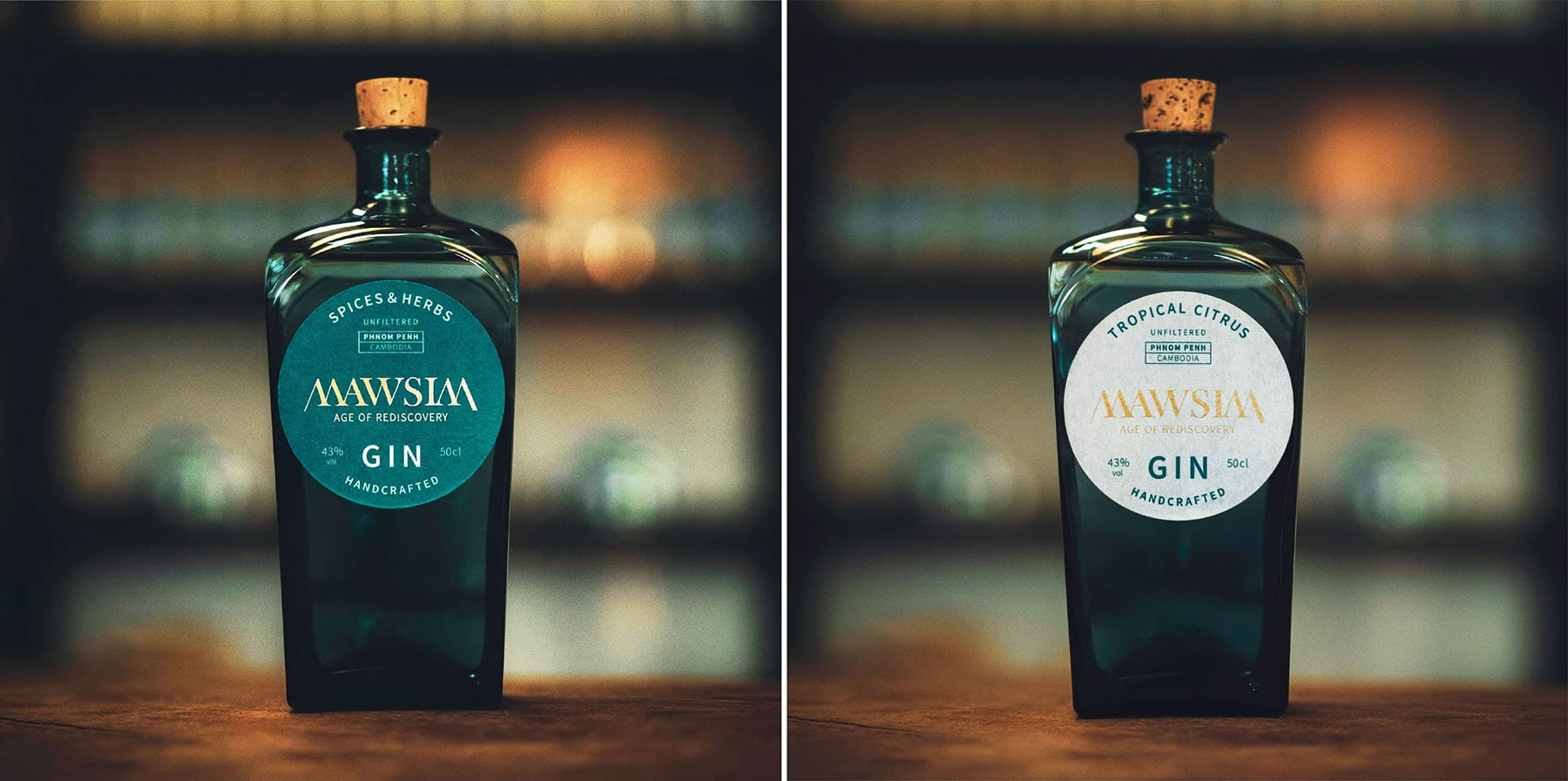 写真）左：MAWSIM GIN SPICES & HERBS  右：MAWSIM GIN TROPICAL CITRUS