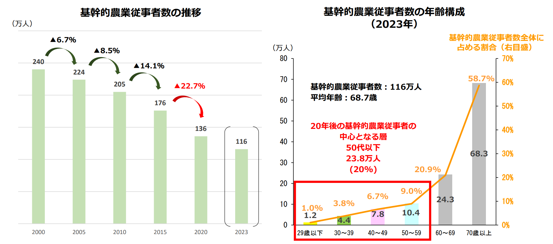 図）基幹的農業従事者数の推移　基幹的農業従事者の年齢構成（2023年）