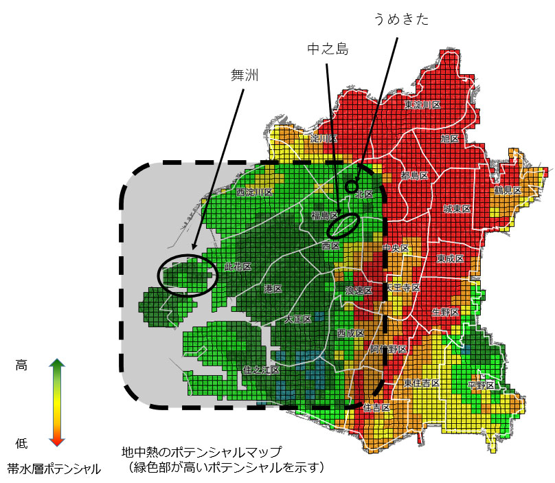 図）大阪市の帯水層蓄熱ポテンシャルマップ