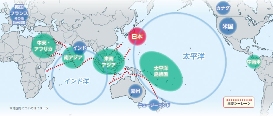 図）日本の主要シーレーン（船舶が通る海上交通路）