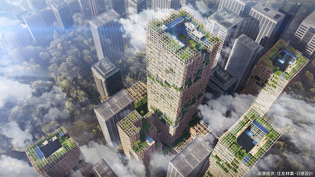 図）W350計画で示された地上70階建て・高さ350mの木造超高層建築物イメージ